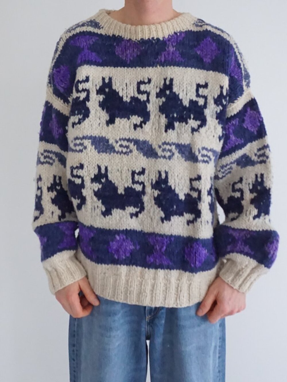 Vintage Crafters Cream Purple Moose Fair Isle Hand Knit Wool Sweater Ecuador XL